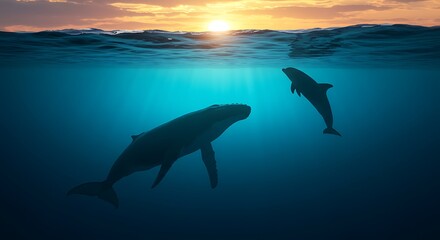 Obraz premium Humpback Whale & Dolphin Glide Gracefully Under Sunset Ocean Waves in Azure Water, Silhouetted Under Golden Light Beams