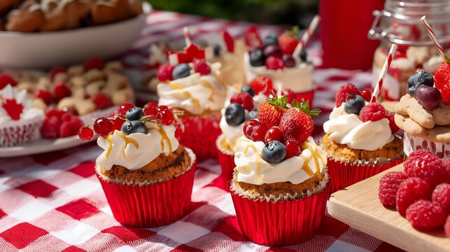 A table with a variety of desserts, including cupcakes and cookies, and a red and white checkered ta
