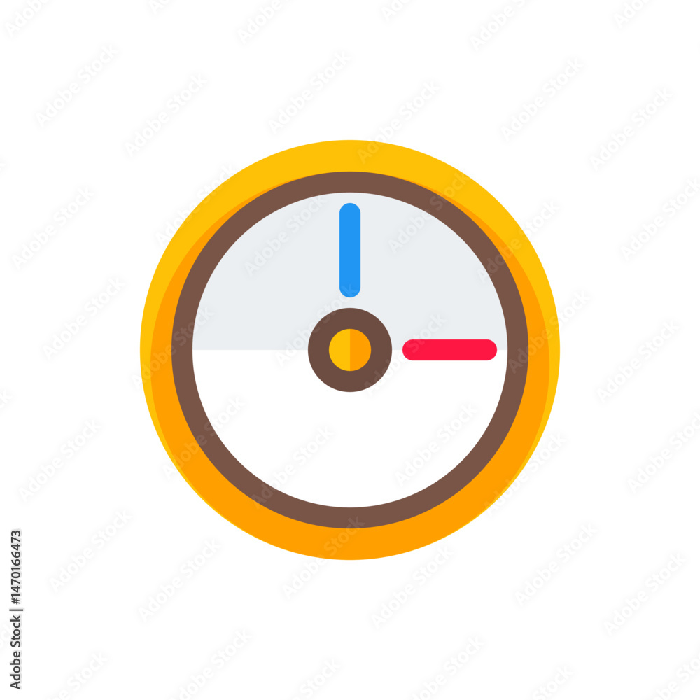 Poster illustration of a round clock with a yellow frame and blue and red hands indicating the time precise