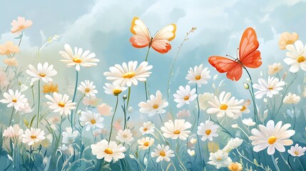 Obraz premium Butterflies over daisy field.