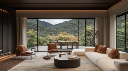Fototapeta premium Modern living room with a breathtaking mountain view.