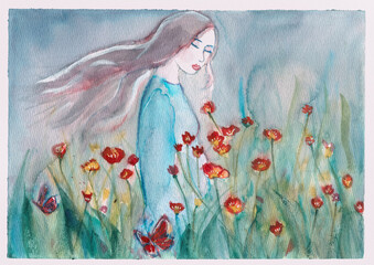 A serene watercolor of a woman wandering through a poppy-filled meadow, hand-made watercolor