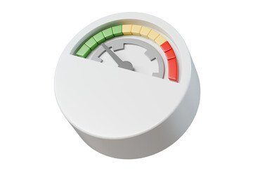 3d Speedometer icon. Minimal Status Speedometer with arrow scale gauge. Green, Yellow, Orange, Red Status color or low, medium, high arrow scale performance status icon. Credit rating score. 3d render