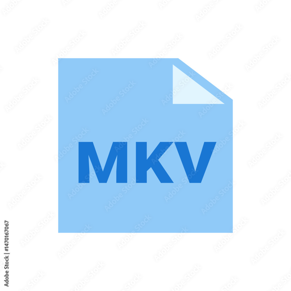 Poster illustration of a light blue file icon with mkv text indicating a video file format on a white backg