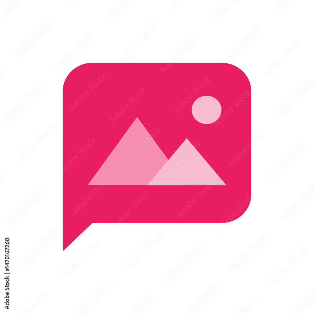 Poster pink speech bubble with landscape and sun, representing image icon, with rounded corners and sharp p