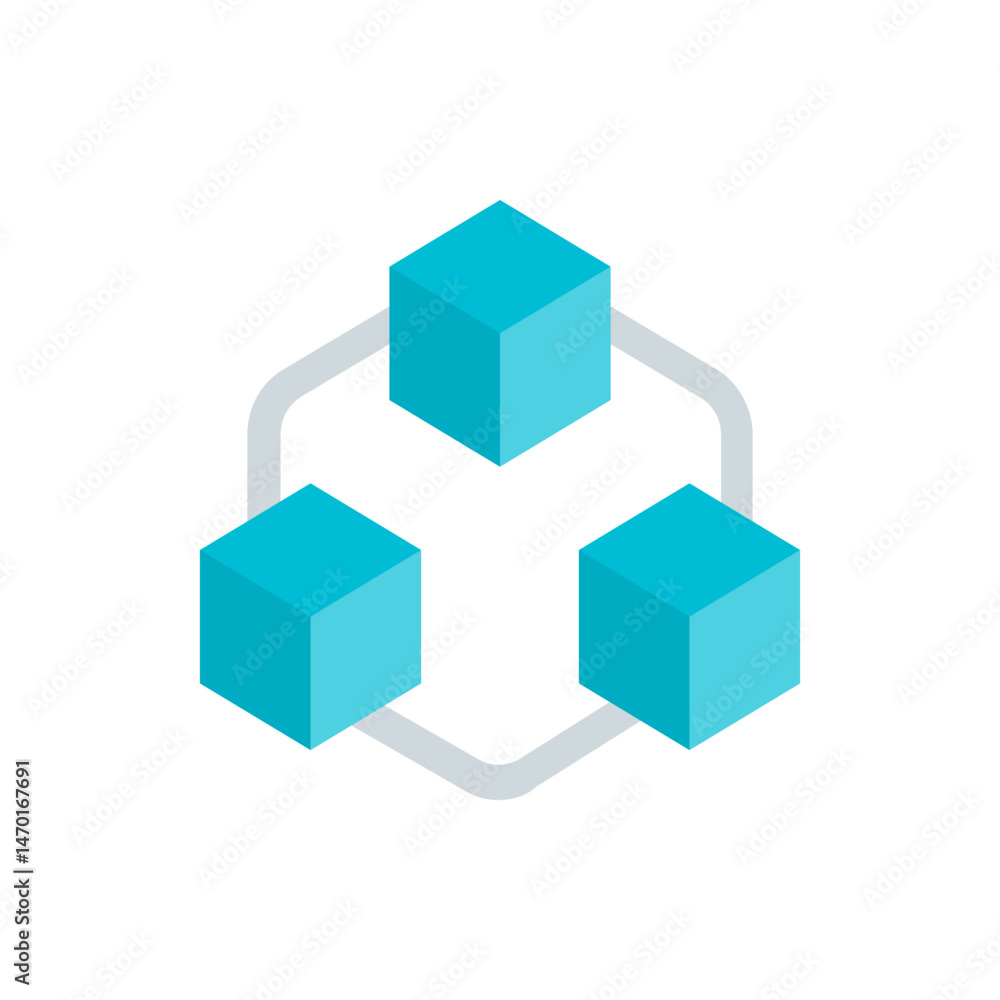 Poster isometric view of three cyan cubes connected by a light gray hexagon frame on a white background sce