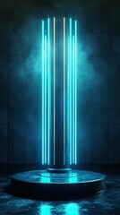 Dark platform, glowing cyan lines, smoky atmosphere.