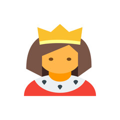 Illustration of a queen with a golden crown, brown hair, and a red and white dress with black jewels