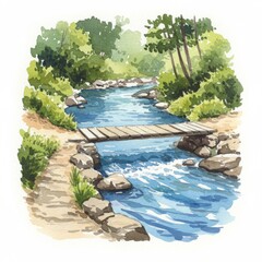 Watercolor Painting of a Rustic Wooden Bridge over a Blue River