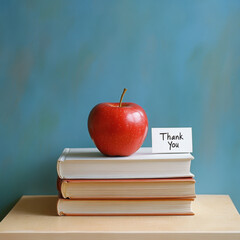 Red apple expressing gratitude on stacked books  
