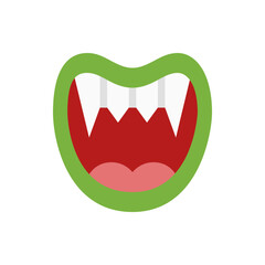 Illustration of a cartoon monster mouth with green outline, red interior, and sharp white teeth showing