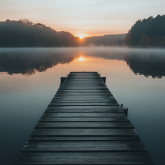 A straight flat simplistic rectangular, lake dock. beautiful sunrise, foggy. calm water. Nature relax wallpaper