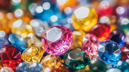 Close-up view of many colorful gems.  A multitude of vibrant, polished gems in various shades of red, blue, green, yellow, and pink, arranged tightly together.  Light reflects off their facets.