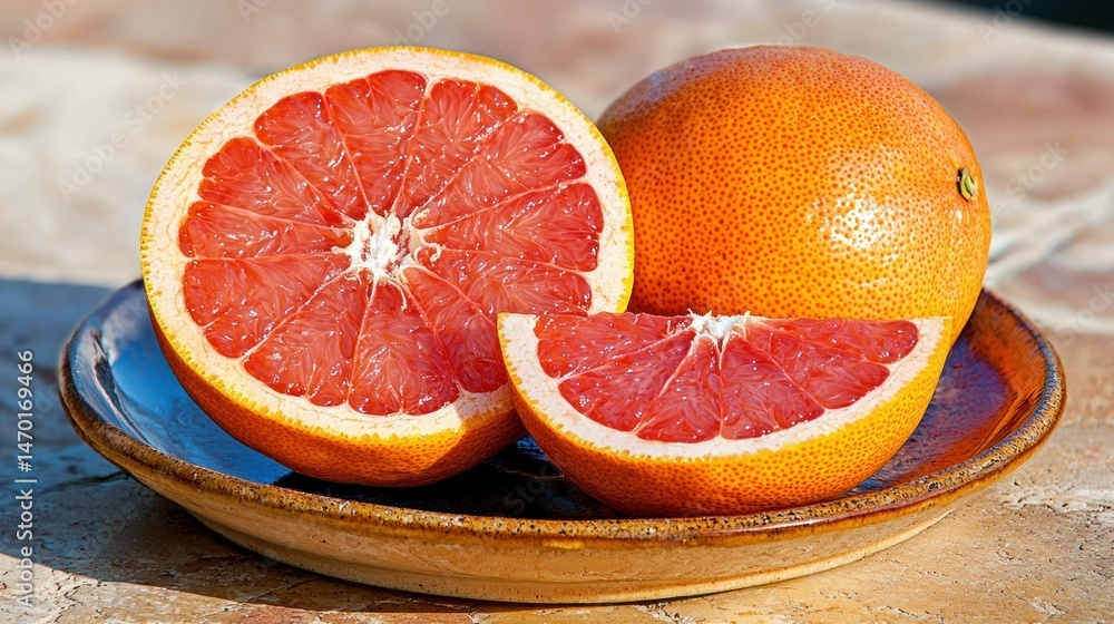 Poster fresh grapefruit slices and whole grapefruit displayed beautifully on a plate