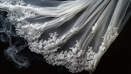 White lace fabric flowing with smoke effects on dark background.