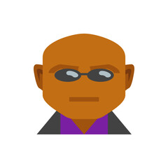 Illustration of a bald man with dark skin wearing sunglasses and a purple shirt with a black jacket