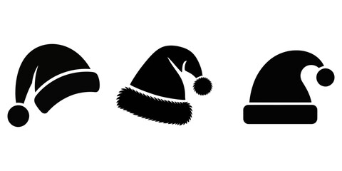 Silhouette set of black santa hats. New Year black hat, Set of red Christmas hats, Black Silhouette Vector Illustration, Christmas icon hats. Monochrome vector illustration. 