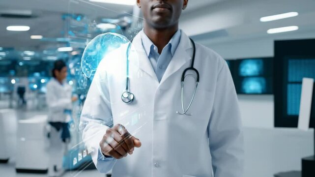 Doctor using interactive hologram to examine brain scan data in futuristic lab. 4K video