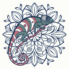 Mandala style chameleon blending into a floral pat vector illustration  