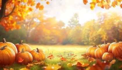 A group of pumpkins on a grassy field in an autumn forest scene.