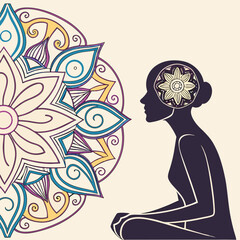 Mandala inside a human silhouette meditation pose vector illustration  