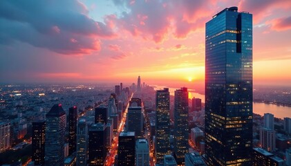 Fototapeta premium Modern glass skyscraper reflecting city skyline at sunset , real estate, city