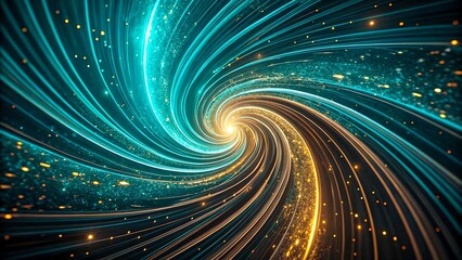 Fototapeta premium Stunning swirling vortex of teal and gold light streaks creates a mesmerizing abstract background perfect for technology or science designs.