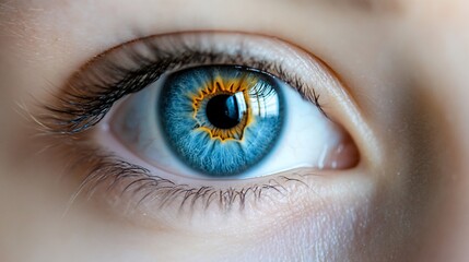 Fototapeta premium Close-up view of a vibrant blue eye with a unique reflection.