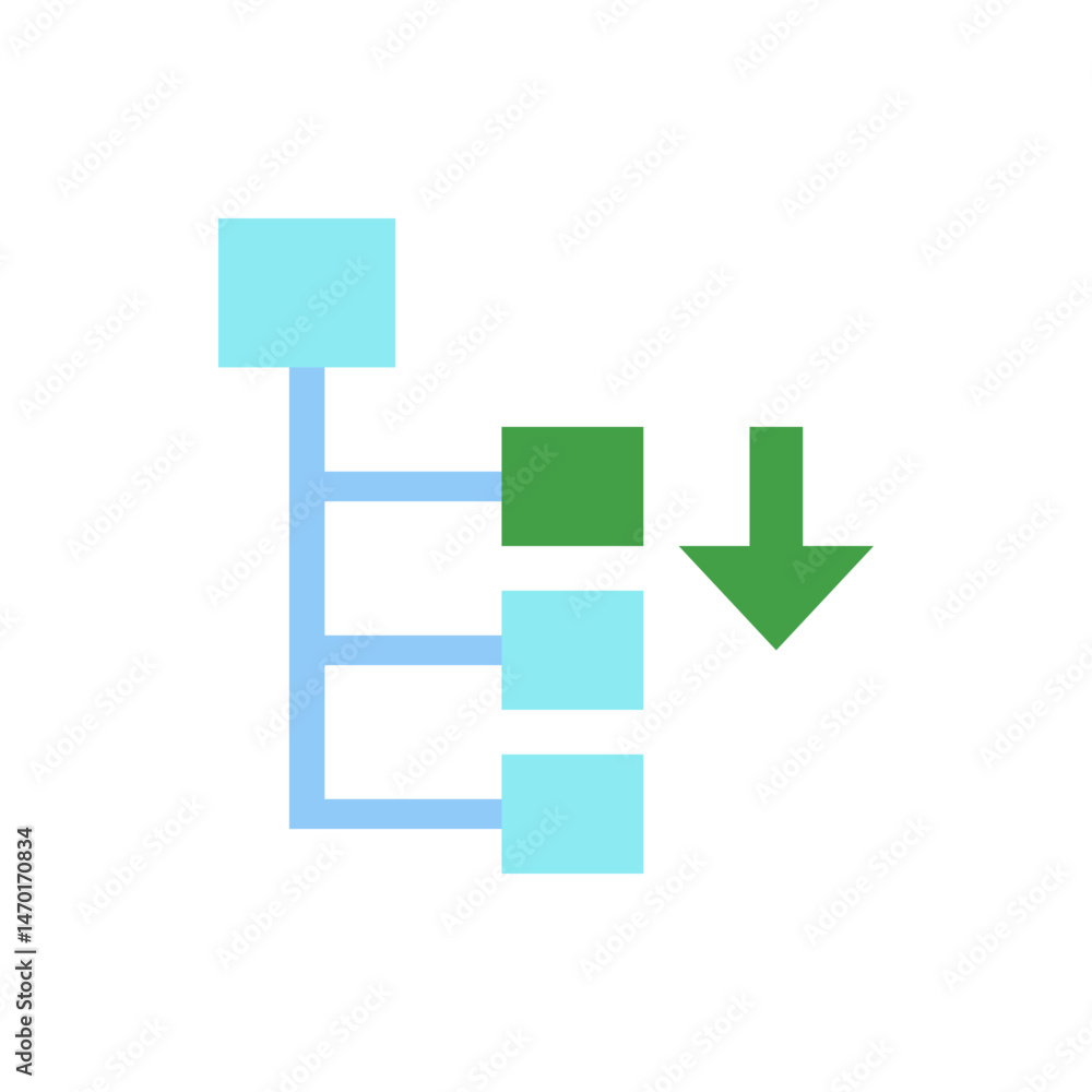 Poster hierarchical diagram showing a top square connecting to other squares with a green arrow pointing do