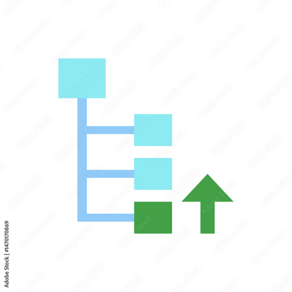 Poster light blue squares connected by lines and a green square with a green arrow pointing upwards design