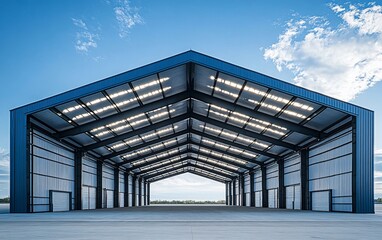 Modern, spacious, industrial metal hangar under a wide, blue roof, with concrete floor and a clear sky.