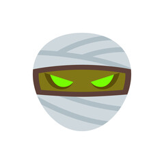 Illustration of a cartoon mummy head with glowing green eyes and white bandages wrapped around its head