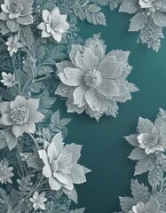 Intricate white floral lace on deep teal gradient, subtle texture, photography, background, lace