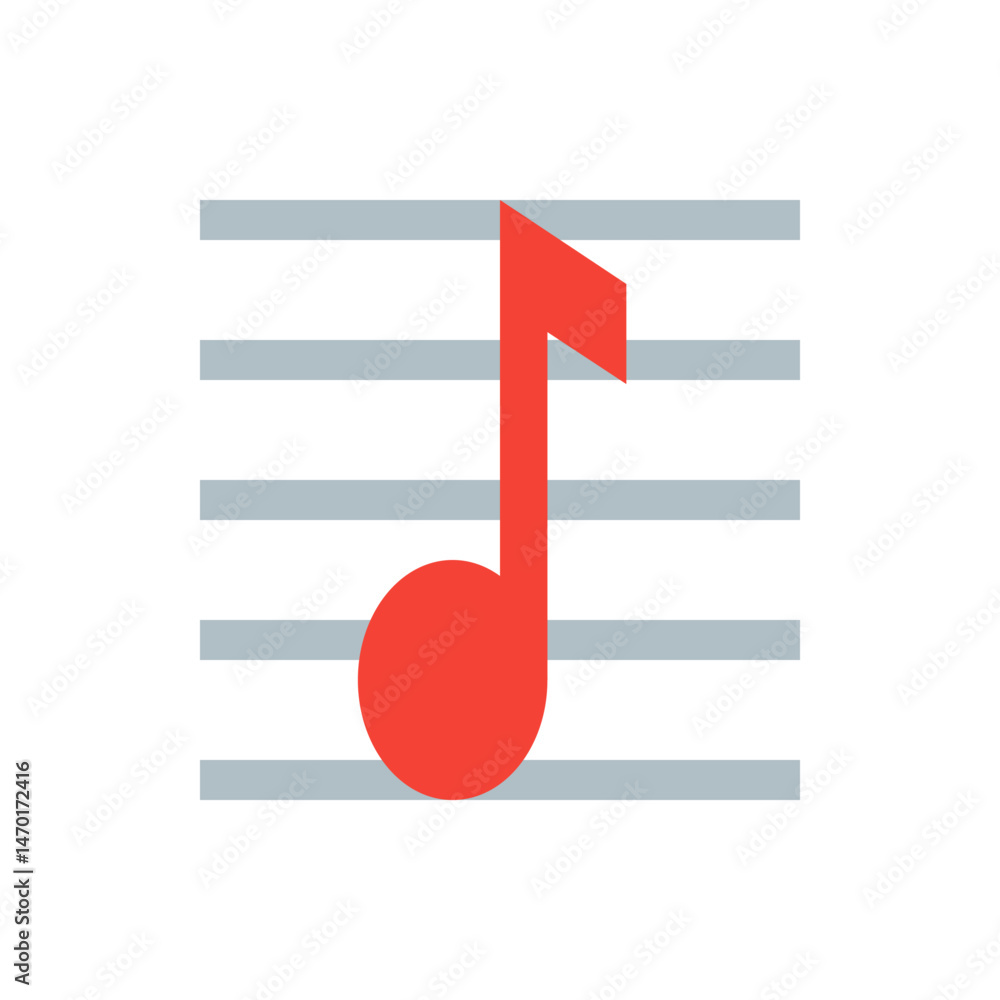 Poster red musical note on a staff with horizontal lines representing musical notation and composition symb