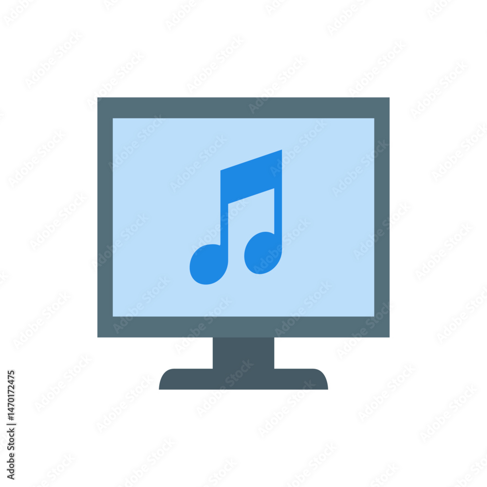 Poster a computer monitor displaying a blue musical note on a light blue screen with a gray monitor stand b