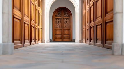 Fototapeta premium Historic Church Architecture Details Concept, Hand-Carved Wooden Panels Framing Arched Doorway in Elegant Architectural Space