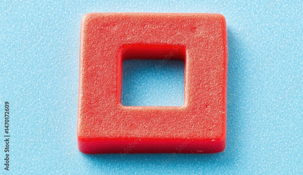 Poster red square shape with a smaller square hole, on a light blue background. close-up view of the textur