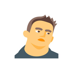 Illustration of a man with brown hair and a blue shirt looking to the side with a doubtful expression