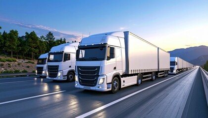 Naklejka premium Row of white semi-trucks driving on a highway at dusk.