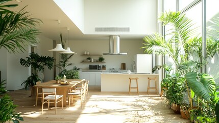 Bright, airy kitchen-dining area filled with greenery. Sunlight streams through large windows