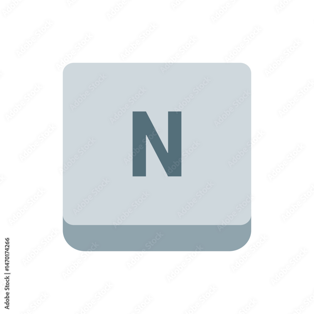 Poster a light gray rounded square button featuring a dark gray letter n centered on the surface of the but