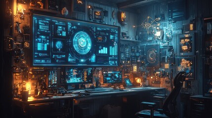 Futuristic workstation in a dimly lit, tech-filled room.  Complex digital displays, glowing interface elements, and intricate mechanical components