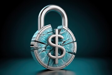 A metallic padlock with a dollar sign and cracked glass symbolizes financial security and risk.