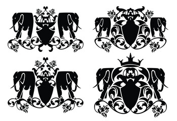 standing elephant and heraldic shield decorated with rose flowers and royal crown - pair of wild animals black and white vector luxurious insignia badge design