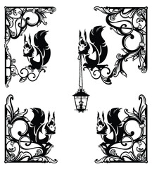 antique style calligraphic floral ornament forming copy space frame with fairy tale squirrels holding lamps -  black and white vintage vector decorative background design with page border corners