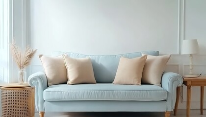 A light-blue sofa with beige cushions, woven side table with dried flowers, wooden side table with white lamp, white wall background.