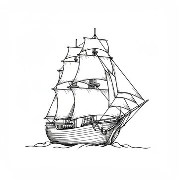 Detailed Line Drawing of a Three Masted Sailing Ship