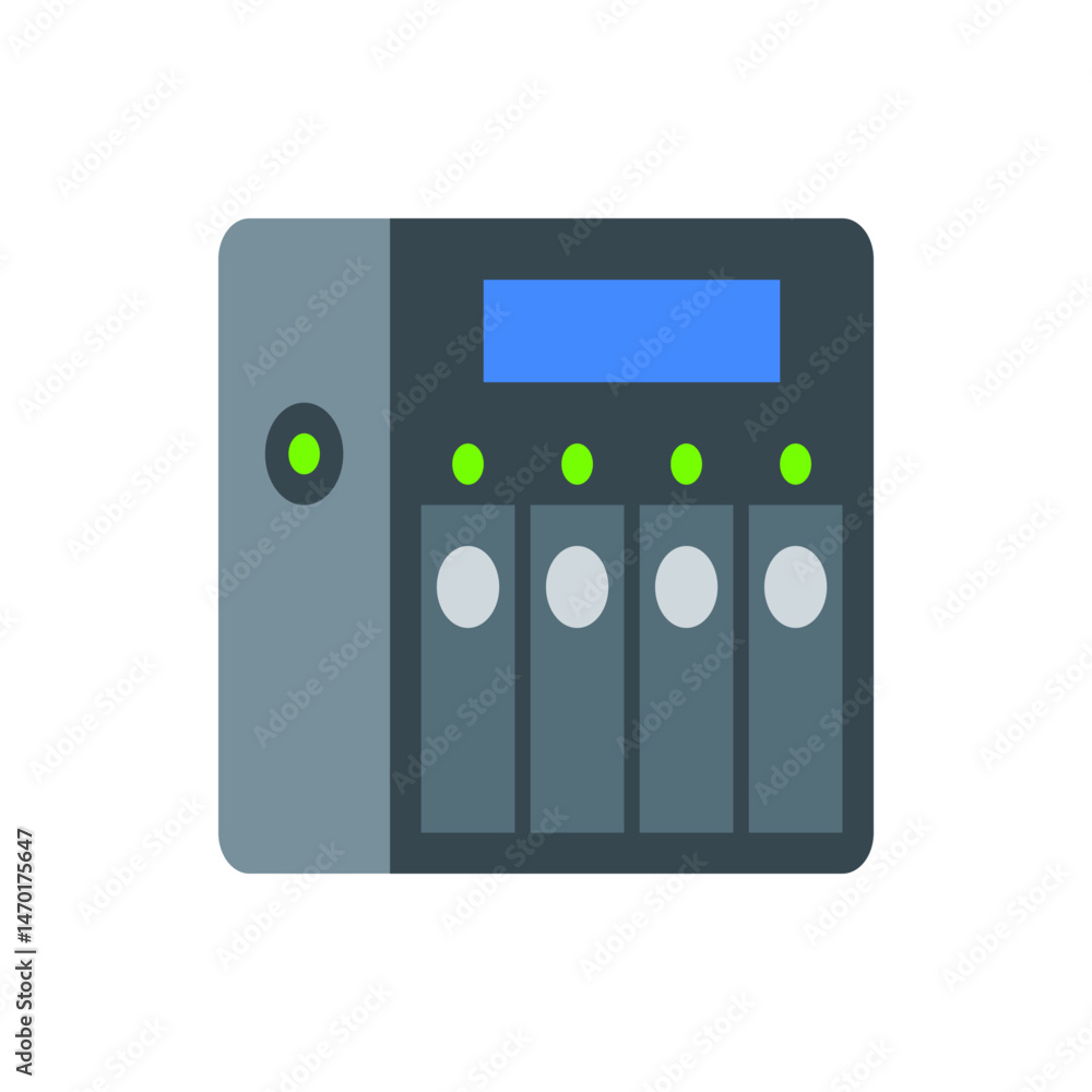 Poster illustration of a network attached storage device with green lights and a blue screen display unit