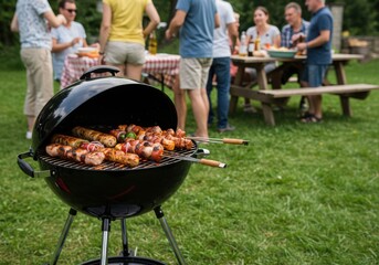 A barbecue grill with skewers of meat and vegetables at an outdoor gathering in the backyard
