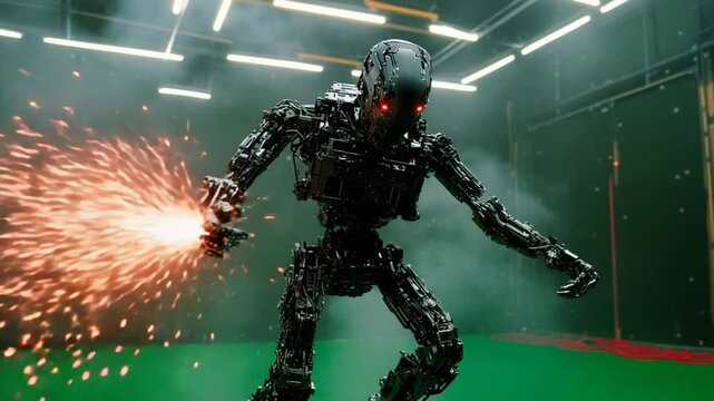 Cybernetic Terminator Robot Action Scene: Futuristic Metal Machine in Studio